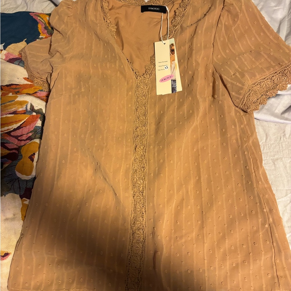 Women's Tan Lace Trim Top
